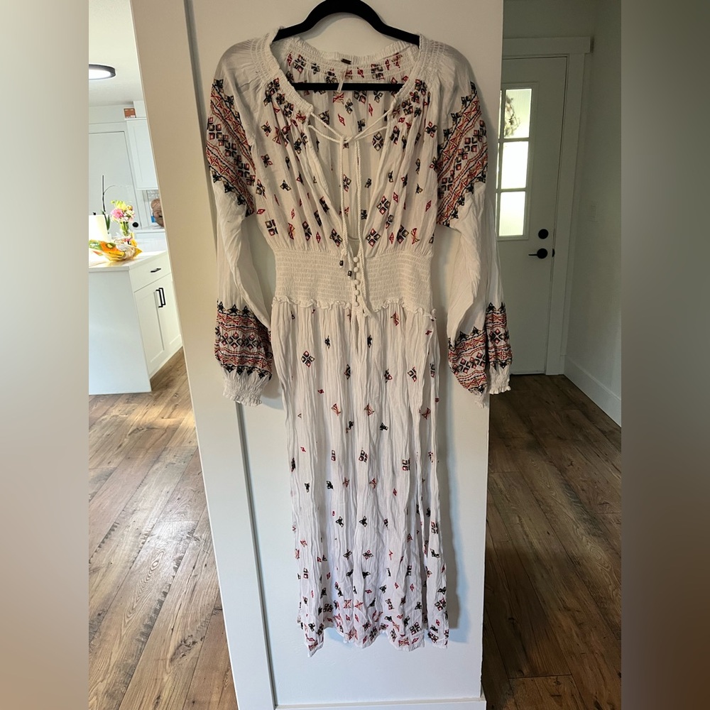 Free People White and Red Patterned Long Sleeve Dress